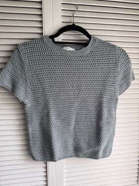 Vince Short Sleeve Cotton Crochet Knit Top in Blue Smoke